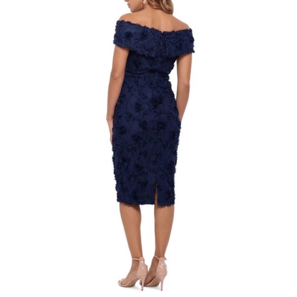 XSCAPE 3D Floral Lace Off-The-Shoulder Dress Navy Blue Faux Wrap Size 10 - Picture 6 of 11